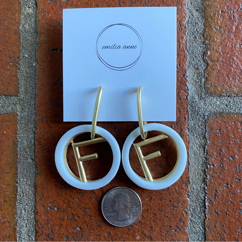 F initial gold & white earrings